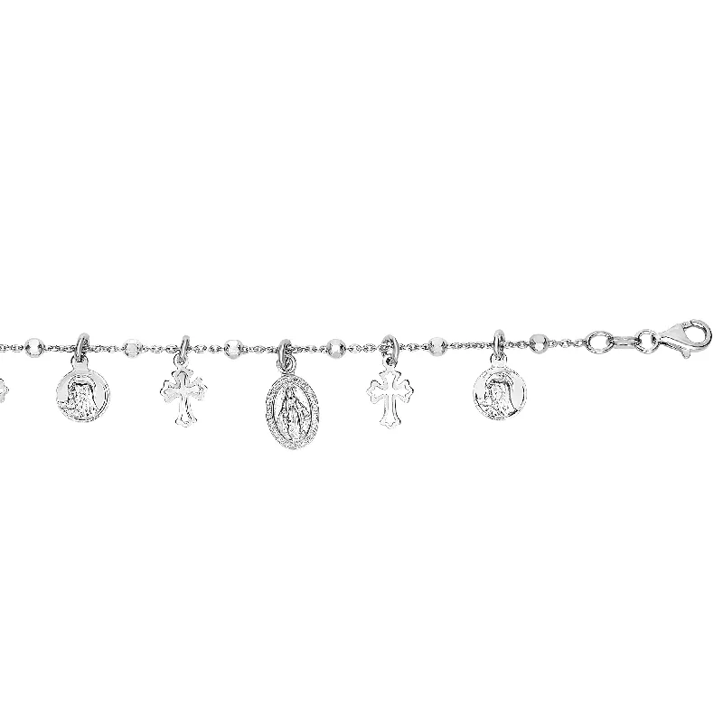 Silver 7.25"" Cross Medal Dangle Charm Bracelet