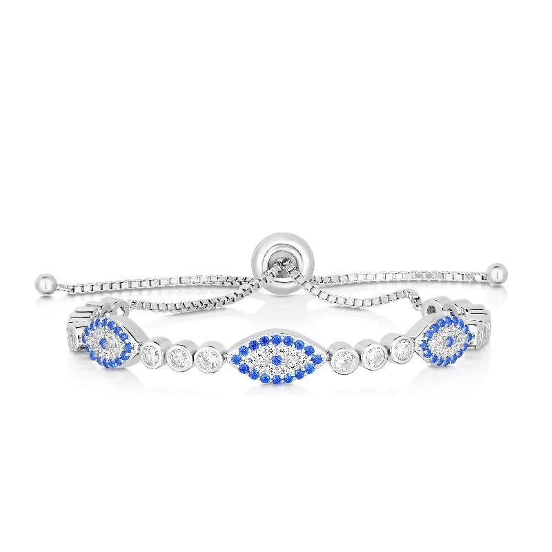 Sterling Silver CZ Evil Eye Station Friendship Bracelet