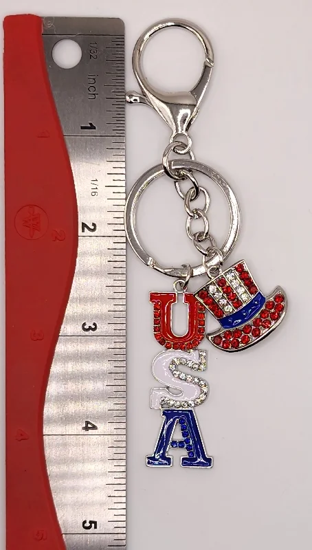 USA Lettering Patriotic Top Hat Bling Bling Metal Keychain