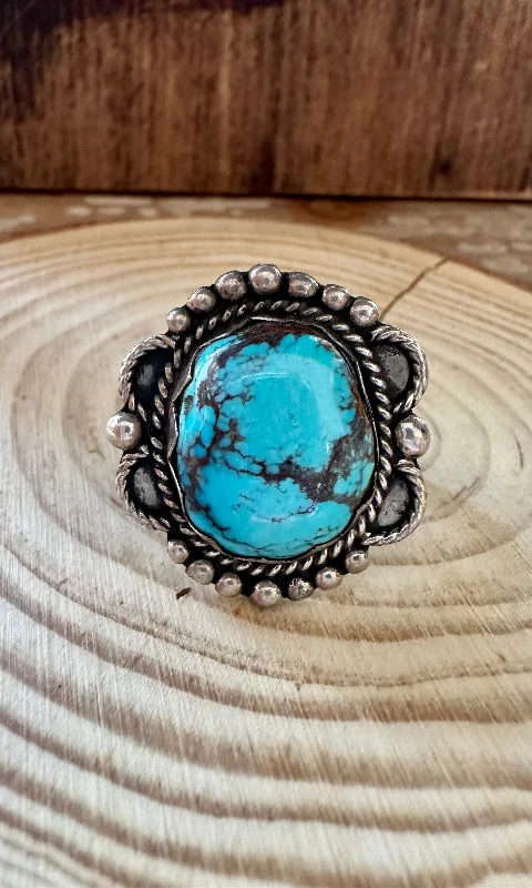 VINTAGE DAHLIA TURQUOISE & Sterling Silver Ring • Size 10 1/4